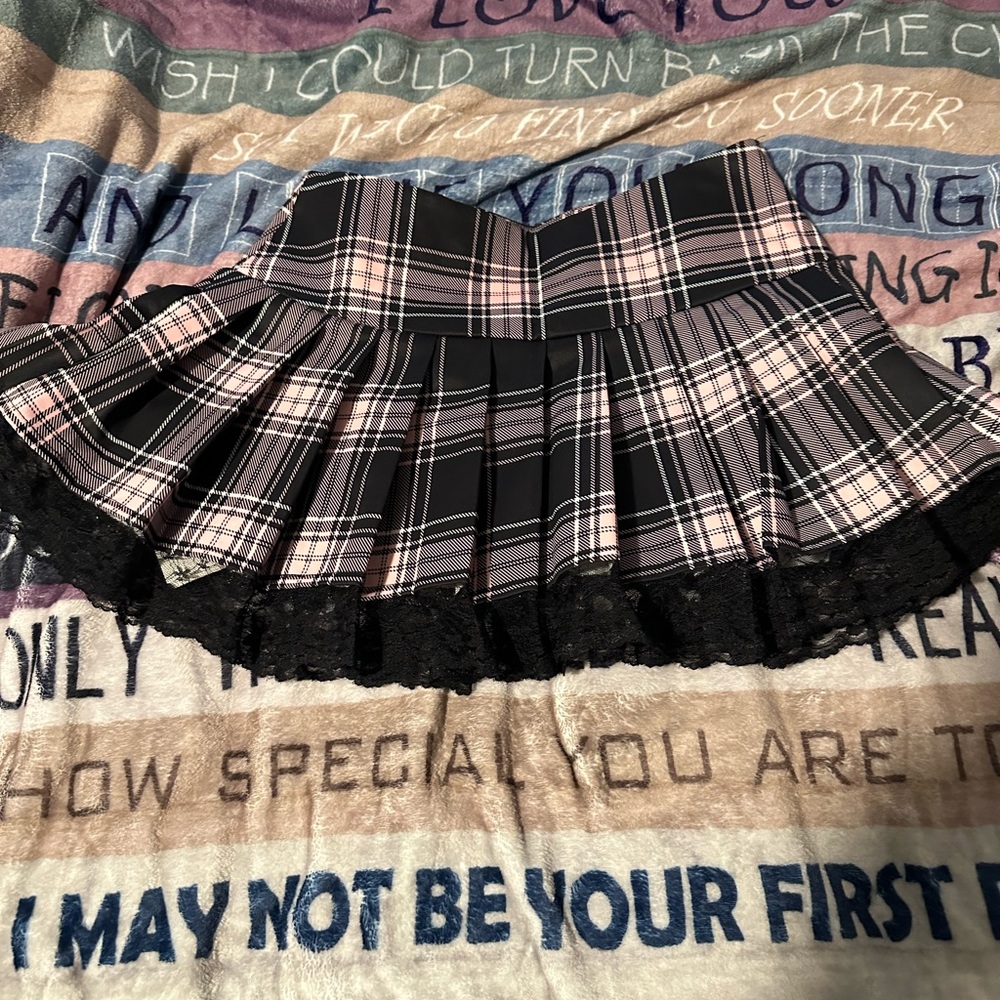 Pink and black plaid with lace sexy Small skirt
